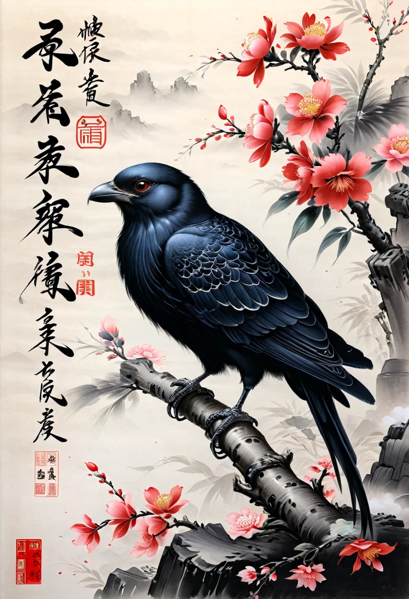 Crow, by Song Huizong Zhao Ji, (masterpiece, best quality, Professional, perfect composition, very aesthetic, absurdres, ultra-detailed, intricate details:1.3)