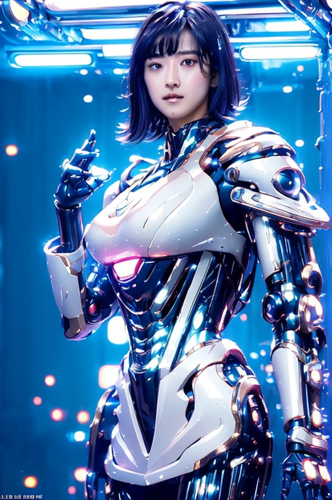 Highest quality, masterpiece, figure, (Realistic, photo-Realistic:1.37), wonderful, In detail, Incredibly absurd, Large file size, Very detailed, High resolution, Very detailed CG Unity 8k wallpaper, Very detailed目と顔, Ray Tracing, Browsing Caution, ????, One girl, Korean cyborg girl is innocent and young々Has a sly expression. She poses boldly with her arms raised above her head, Revealing her voluptuous figure. She is wearing a small black mecha armor top that barely covers her ???????., Exposing most of her flawless skin. Her shoulders and head have more armor detailing.、There are shining highlights, Tech Panels and Mechanisms. She is standing against a futuristic cityscape lit up with vibrant neon lights.、Standing full of energy。.