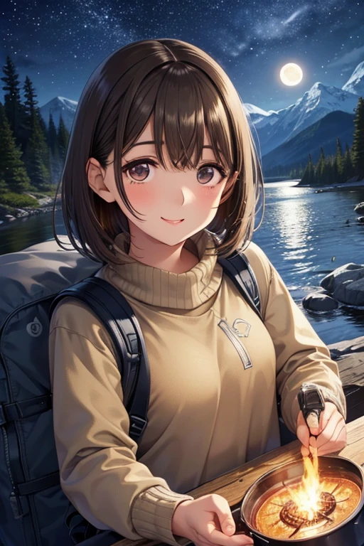 anegasaki nene、Shiny brown hair, short hair, (Beautiful brown eyes、Sparkling eyes, Fine grain)、smile、Ultra-detailed eyes、Very detailed顔, Very detailed目,
1 female((Upper body selfie, Happy)), masterpiece, Highest quality, Very detailed, alone, Outdoor, (night), Mountain々, nature, (performer, moon) Hilarious, Happy, Backpack, sleeping bag, Camping stove, Water bottle, Mountain boots, gloves, sweater, have, flashlight, forest, rock, river, wood, cigarette, Shadow, Contrast, sunny, Analog Style (Displaying the viewer:1.2) (Skin Texture) (Film Grain:1.3), (Warm colors, Warm tones)