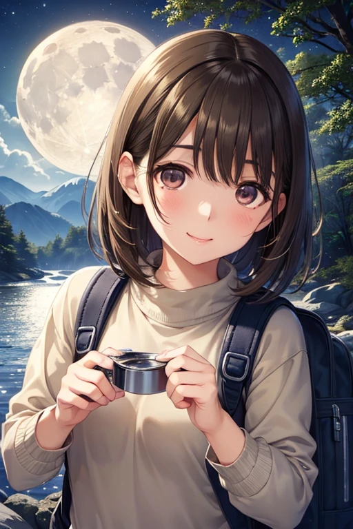 anegasaki nene、Shiny brown hair, short hair, (Beautiful brown eyes、Sparkling eyes, Fine grain)、smile、Ultra-detailed eyes、Very detailed顔, Very detailed目,
1 female((Upper body selfie, Happy)), masterpiece, Highest quality, Very detailed, alone, Outdoor, (night), Mountain々, nature, (performer, moon) Hilarious, Happy, Backpack, sleeping bag, Camping stove, Water bottle, Mountain boots, gloves, sweater, have, flashlight, forest, rock, river, wood, cigarette, Shadow, Contrast, sunny, Analog Style (Displaying the viewer:1.2) (Skin Texture) (Film Grain:1.3), (Warm colors, Warm tones)