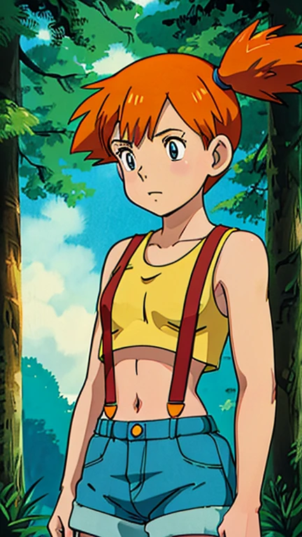 (8k),(masterpiece),(1girl),(Misty),From the front,focus on upper body,symmetrical composition,ghibli style,forest, outdoor,, ghibli background,1girl, misty (pokemon), orange hair, solo, shorts, suspenders, side ponytail, orange hair, midriff, yellow crop top, navel, short hair, denim, denim shorts,