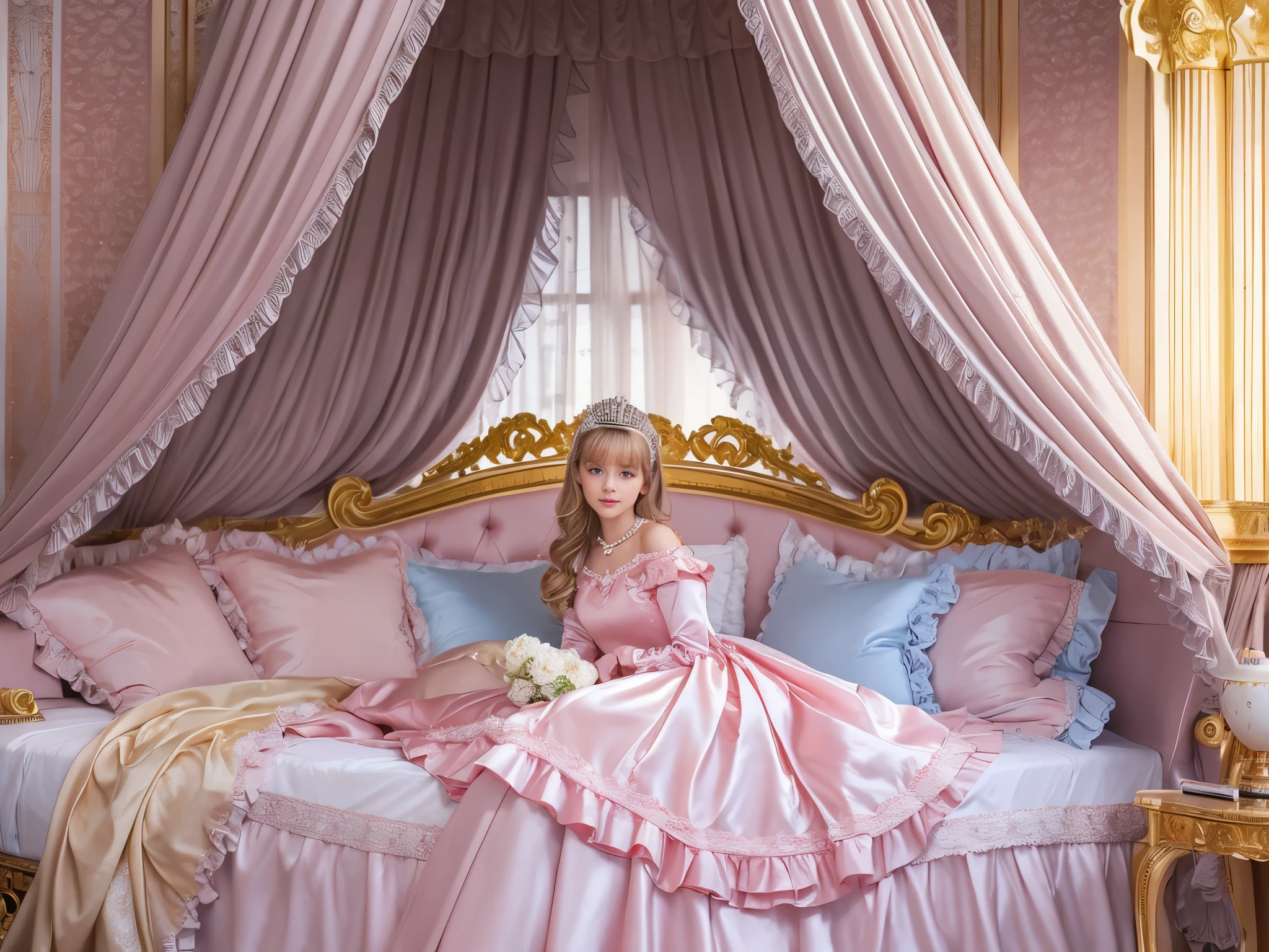 ,highest quality, masterpiece, highest resolution, artwork, super それにget used to it, many get used to it, get used to it, それにget used to it, 3K realistic photos,,(( At the age of 10)),Super detailed baby face,She is a princess,Full length ball gown dress with hoop skirt,ruffled yoke collar,puff sleeves,long sleeve,((ta style hot pink detailed princess satin dress、Comes with lots of frills and ribbons。)),Colorful fashion in rococo style,shiny satin dress,Soft and smooth fabric,luxury,long blonde hair,blue eyes,white skin european,pajamas,((inside the palace)),,,(( At the age of 10)),Super detailed baby face,Full length ball gown dress with hoop skirt,ruffled yoke collar,puff sleeves,腰まで伸びるlong blonde hair,blue eyes,white skin european,pajamas,((inside the palace bedroom)),ピンクのシルクサテンのluxuryなcanopy bedの上,canopy bed,luxurious curtains under the canopy,many frilly pillows on the bed,super detailed background,Detailed bed,romantic atmosphere,A little princess is sleeping in the bed,resting one's head on a pillow,