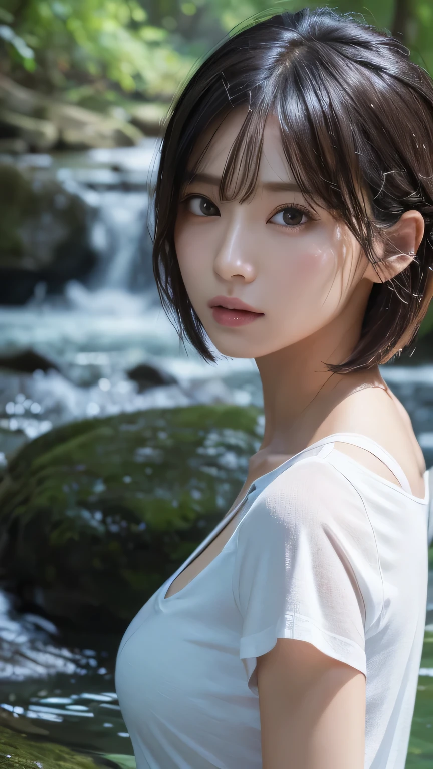 (Ultra-realistic), (figure), (High resolution), (8k), (Very detailed), (Best figure), (Beautiful and detailed), (Highest quality), (Super detailed), (masterpiece), (wallpaper), (Detailed face), alone, One Girl, watching viewer, Trendy clothes,White T-shirt、Less exposure、Fine details, Detailed face, In the Dark, Deep Shadow, Modest, Pure Erotic Face Ace_v1, cool, short hair, Pointed diagonal bangs,In a beautiful forest、Fairy、Angel、stream、Water Play、Soaking wet、Wet Hair、Lost in Thought