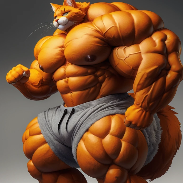 hyper growth, hyper muscles, furry growth, cute cat, A furry cat, orange and fluffy cat, shirtless, wearing shorts, exaggeratedly huge and muscular, on a gray background