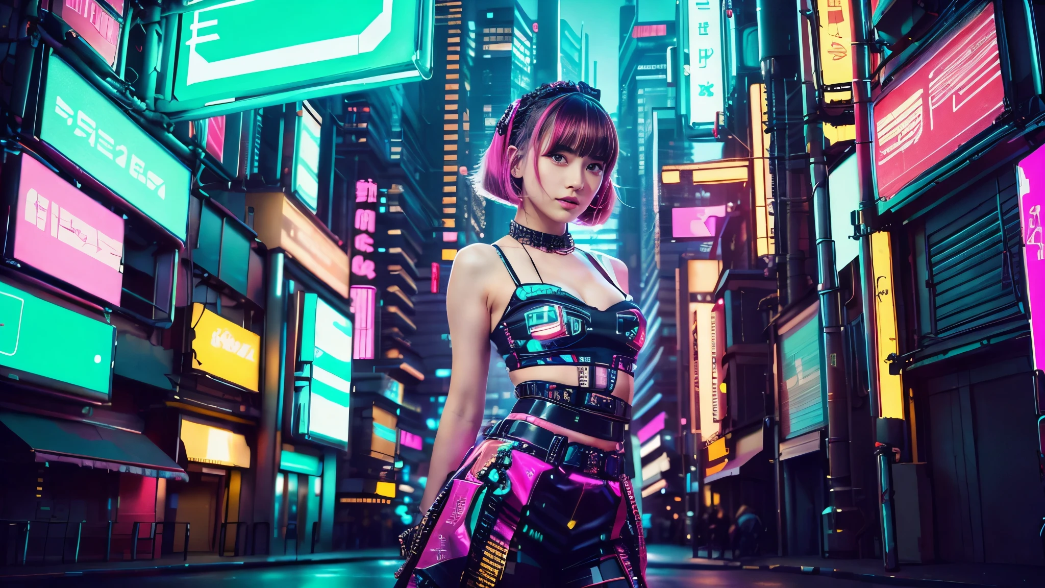 masterpiece、Highest quality、Wearing unique Harajuku style clothing、Mint green stands out、Bold colors and patterns、Eye-catching accessories、Trendy and innovative hairstyles、Bright makeup、Dazzling cyberpunk cityscapes、Skyscraper、Neon Signs、LED Light、Bright and vivid color scheme、anime、shape、Fine skin、High quality fabric、Intricate details、Very detailed、Low - Angle、whole body、vision(avert your eyes:1.4)、Dynamic pose、Short Hair、robot