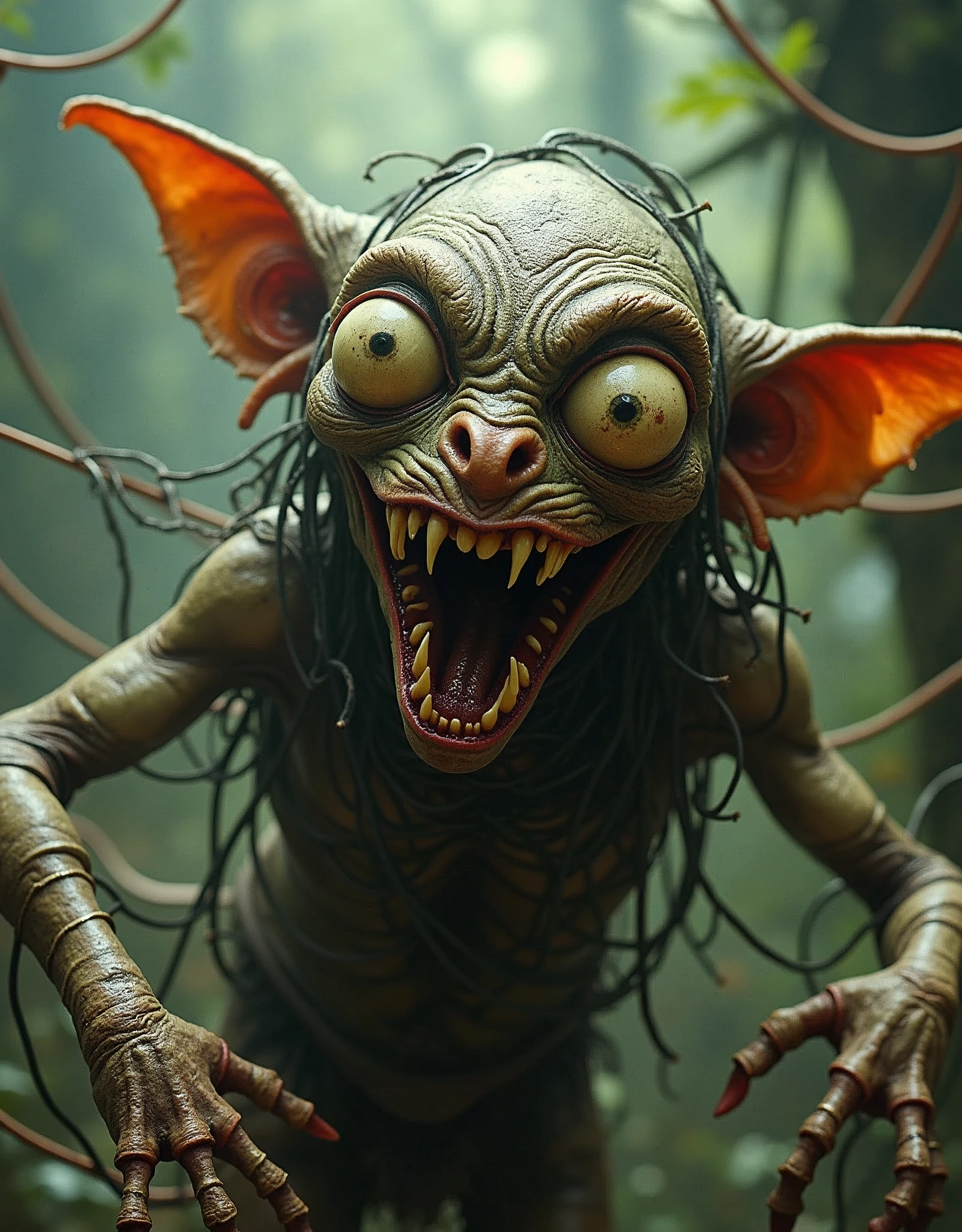 a horrific goblin is covered in wires, in the style of energetic figures, exaggerated expressions, national geographic photo, toyism, photoillustration, reductionist form, konica auto s3