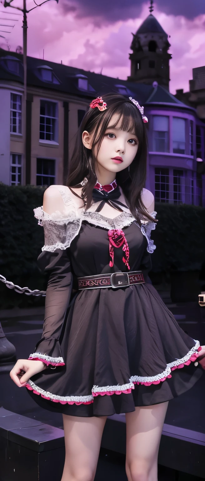 Cute idol girl、whole body、Good style、、、、、、、、、、Thick legs、Skull-covered ghost whimsical tight dress(scarlet)、Cool girl face、、、A graveyard glowing at night、Skeletons are dancing、Skull belt