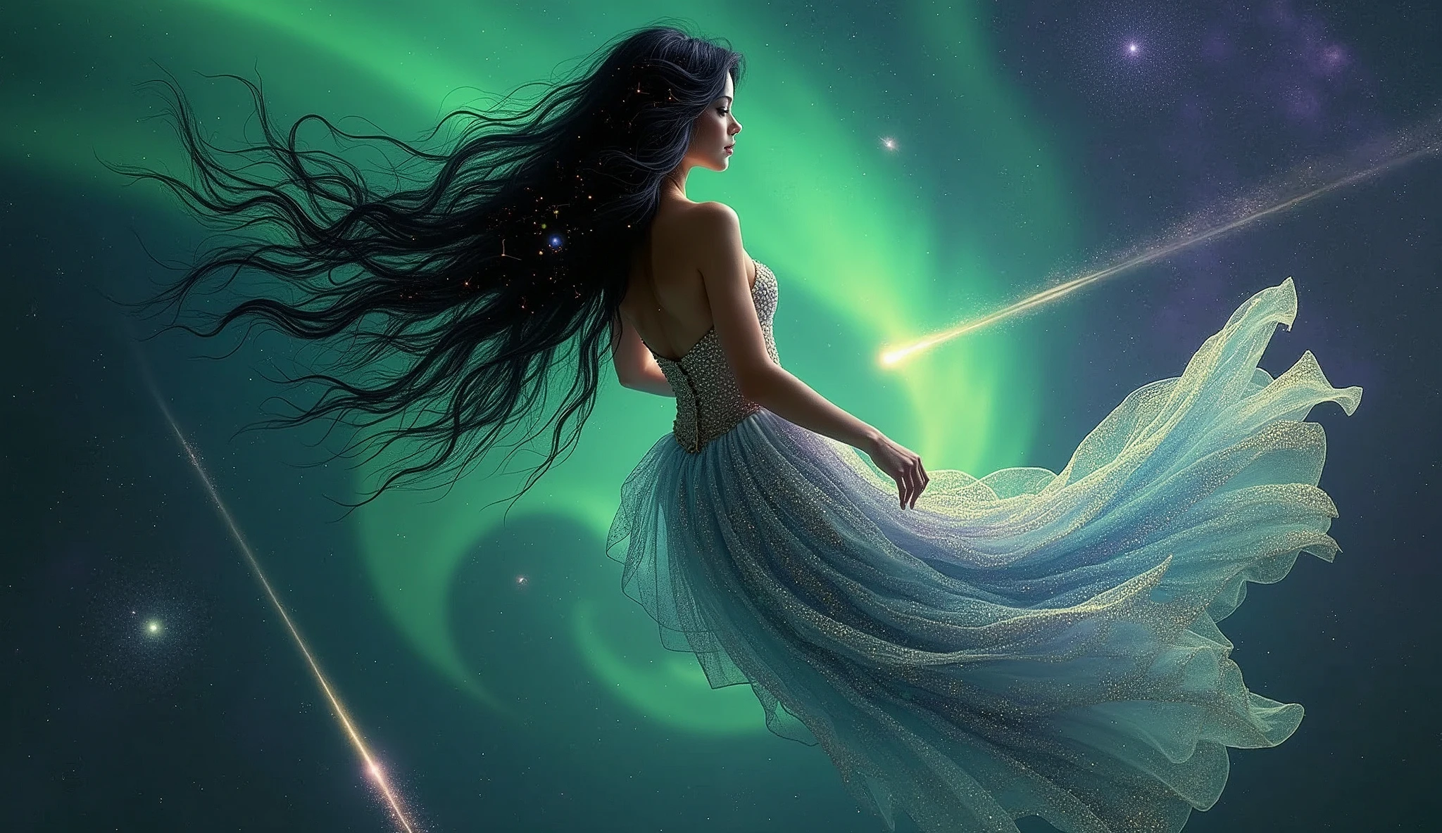 Seductive space goddess with midnight black hair adorned with glowing constellations, floating effortlessly in the void of space, her body wrapped in a gown that mirrors the colors of the aurora borealis, with comets and shooting stars trailing behind her.
