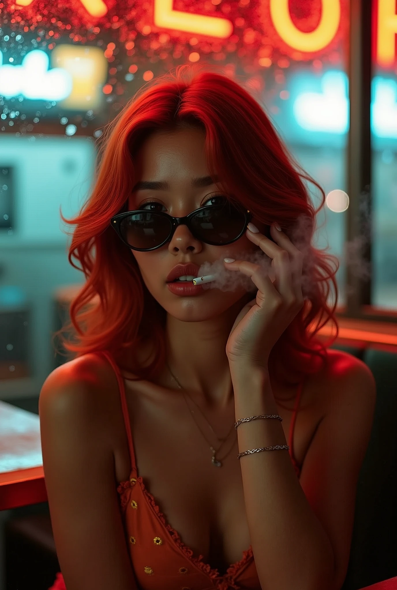 beautiful asian girl with red hair sitting in a diner at night, seen through a window, perfect face, sunglasses, smoking a white tailor made cigarette, NeonNoir, (backlit: 1.1), hard shadow, masterpiece, best quality, Intricate, modelshoot style, vintage, film grain, Incomplete details