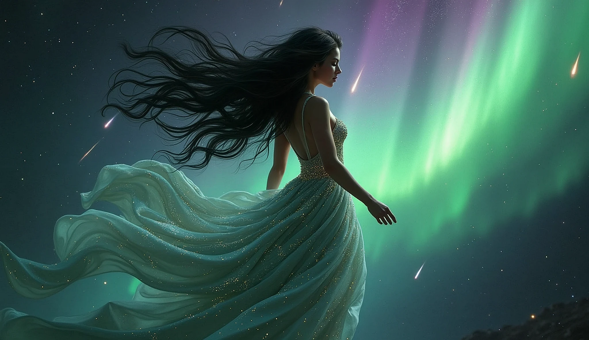 Seductive space goddess with midnight black hair adorned with glowing constellations, floating effortlessly in the void of space, her body wrapped in a gown that mirrors the colors of the aurora borealis, with comets and shooting stars trailing behind her.