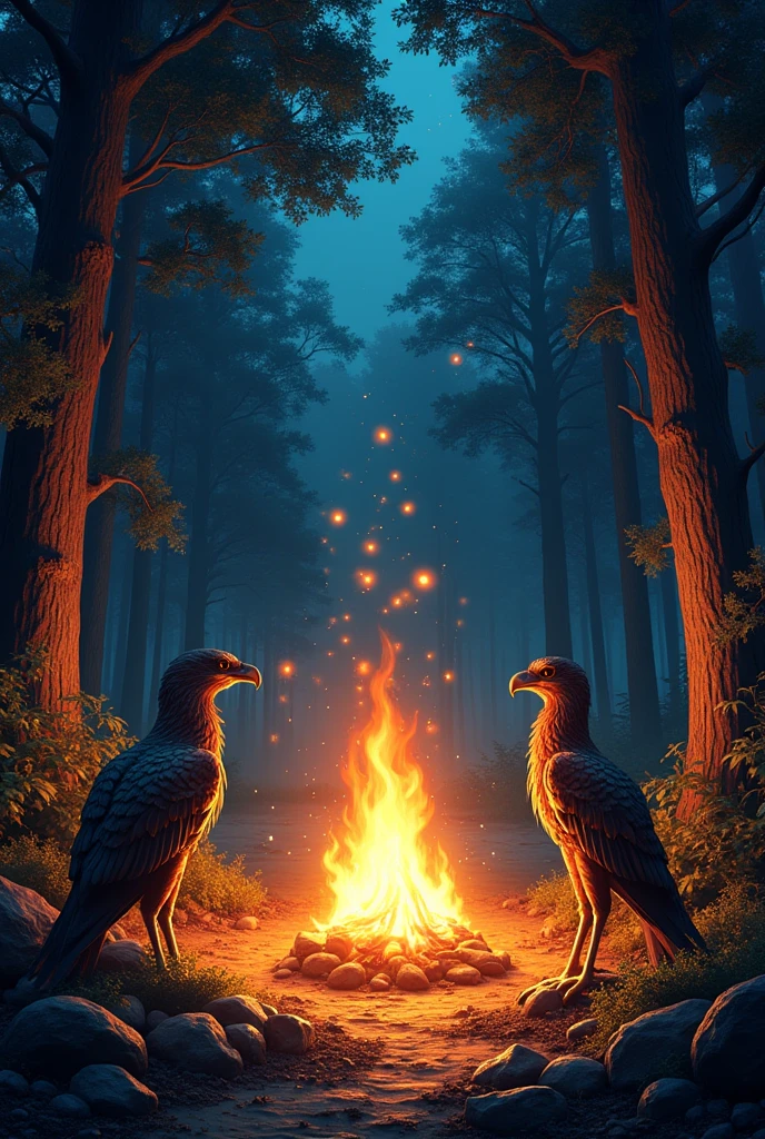 Create a horizontal image of a bonfire in the middle of the forest protected by guardian vultures for Lara's comic book story.