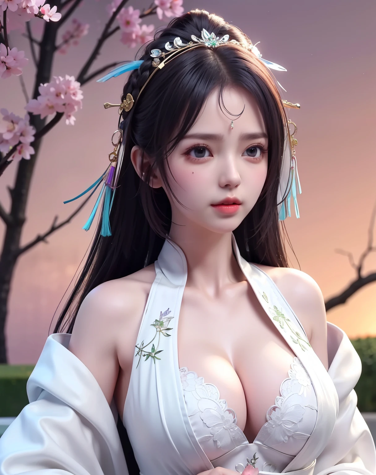 (8k, RAW photo:1.2), best quality, ultra high res,dramatic angle,(fluttered detailed color splashs), (illustration),(((1 girl))),(long hair),(rain:0.9), (Headdress:1.4),There is an ancient palace beside the girl,Hanfu,(Key Points),Color ink painting,(Splash of Color),Splash of Color,(((colorful))),(sketch:0.8) , Masterpiece, best quality, beautiful painted, highly detailed,(denoising:0.6),[splash ink],((ink refraction)), (beautiful detailed sky),moon,highly,detaild,(masterpiece, best quality, extremely detailed） CG Unity 8k Wallpaper，masterpiece，best quality，Ultra Detailed），（Lycoris）. hanfu open v open V-chested clothes Thin silk lace dress , (huge ，cleavage),, white pink and gren，best qualtiy，tmasterpiece，Ultra-high resolution，（Reality：1.4），RAW photogr，（True skin texture：1.3），（filmgrain：1.3），（Selfie angle），1个Giant Breast Girl，Beautiful eye and face details，tmasterpiece，Best quality at best，，The chest more exposed， detailed hair, bra purple and green , detail 8k, upper body, lace petticoat, above looking up facing at camera, blush、Inject an aphrodisiac、Estrus、Feeling embarrassed、