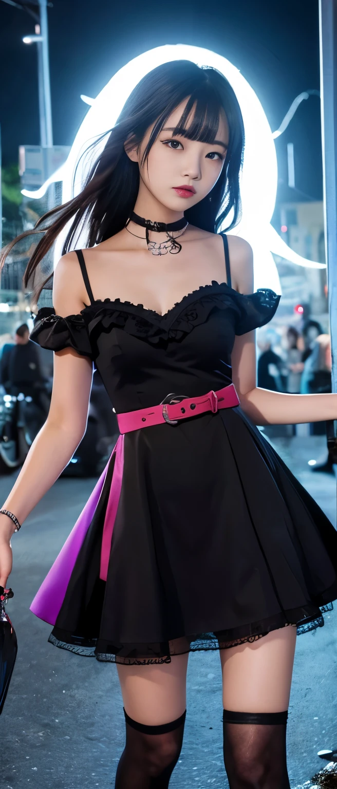 Cute idol girl、whole body、Good style、、、、、、、、、、Thick legs、Skull-covered ghost whimsical tight dress(scarlet)、Cool girl face、、、A graveyard glowing at night、Skeletons are dancing、Skull belt