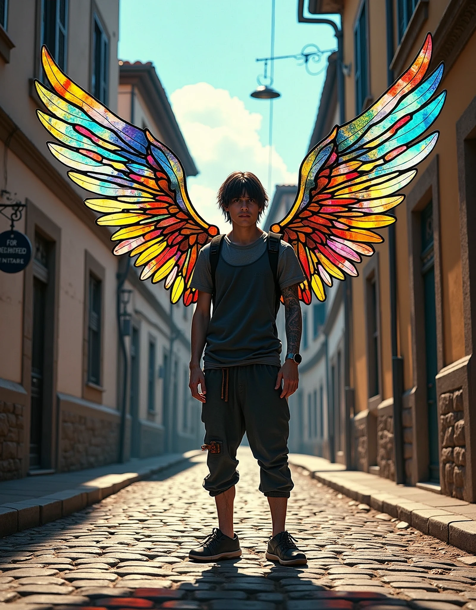 A unparalleled brunette man, 1.76 tall, black hair, dark eyes, tapered nose, athletic body, light scar on his hand, on a cobblestone road, houses with apparent bricks in shades of white, blue and yellow, on a sunny day, With richness of detail and main focus on man, Arafed a ((stained glass art image:1.5)) stained-glass windows, of a (cyberpunk mech male angel: 1.2) standing in at the street at natta near his carro esportivo, natta, an exquisite beautiful cyberpunk male angel, ager, long hair brown 1.3)), (lilac angelic wings: 1.2), spread angelic wings, halo over head,, (work of art: 1.5), Vibrant, ultra-high resolution, hight contrast, work of art:1.2, highest quallity, better aesthetics), best details, best qualityer, high resolution, Ultra Wide Angle, 16K, [ultra detaild], work of art, best qualityer, (extremely detaild), mechanical creatures, intense gaze, stained-glass windows, hdr, , very detailed and sharp, insane professional photorealistic, skin delicate, perfect lighting, dramatic composition, elegant pose, stunning background, insane cinematic atmosphere, ((back view)), ((full body)), magnificent scene, detailed environment, highly detailed environment deep path Equirectangular garden nature, insane (((insane UnrealEngine5,top Masterpiece,ultra highdef, insane Professional Photorealistic,optimal ultra sharp-focus,max,ultra high-quality,opengl-shaders,symmetrical,ultra high-details,accurate reflex,ultra highres, perfection volumetric,Cinematic_Sunlight,improved Octane_render,XT3,DSLR,3dcg shadow, analogiques, extatiques, high saturate, reflection))),dazzling Will-o'-the-wisp,global luminescence, --v 6 --s 1000 --c 20 --q 500 --chaos 100