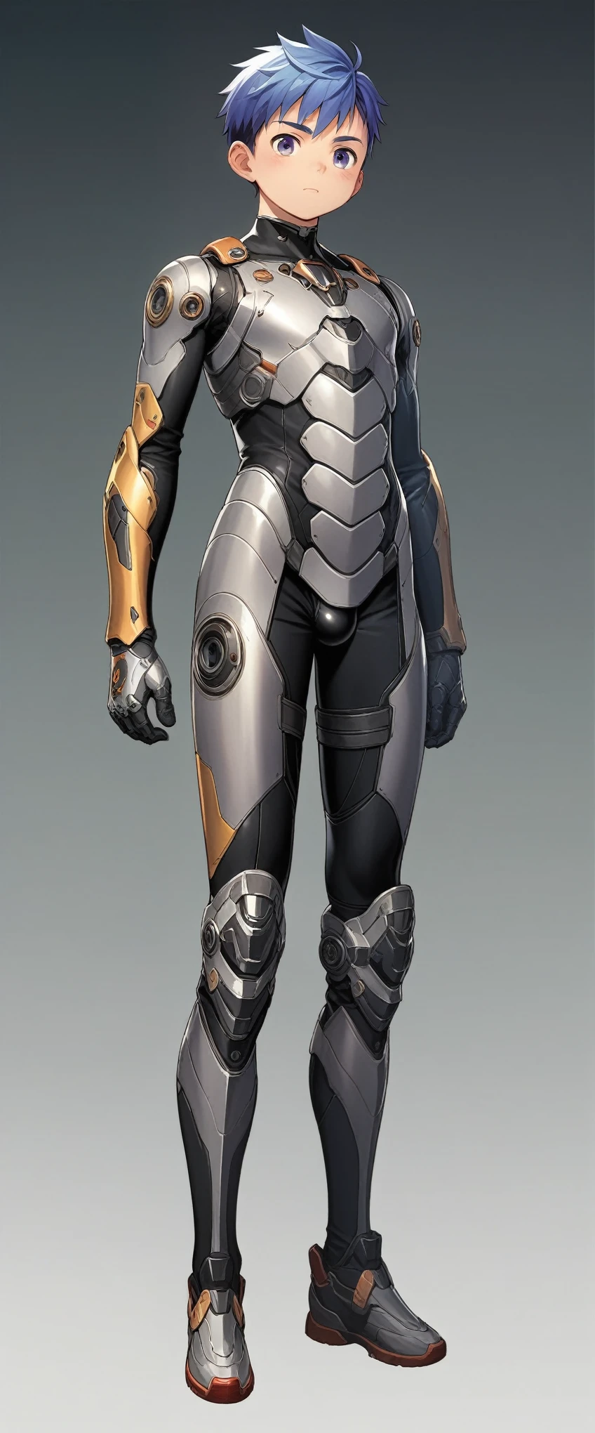 full body image, anime character in a bodysuit, character is male, short, (((shota))), anime cyborg, makoto kobayashi, official character art, covered in light black carbon fiber armor, sci - fi suit, cyber japan style armor, sleek, slim fitting