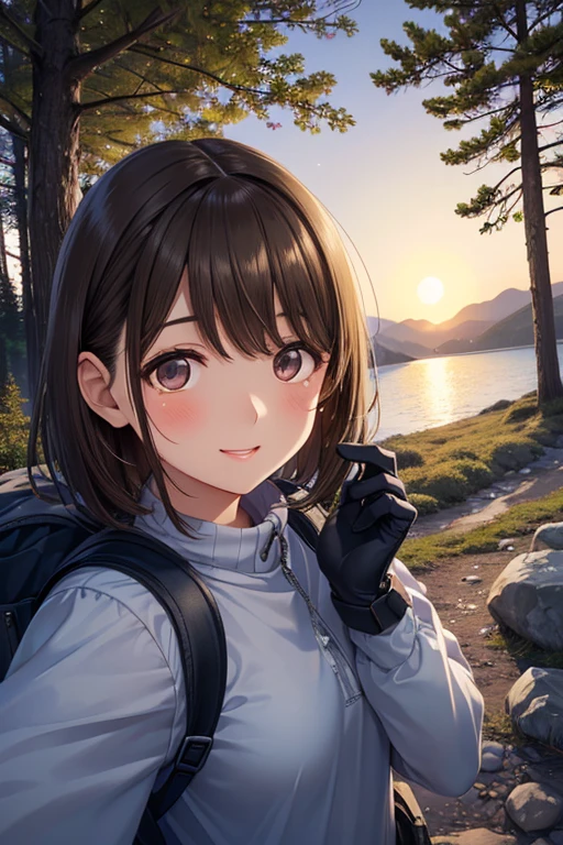 anegasaki nene、Shiny brown hair, short hair, (Beautiful brown eyes、Sparkling eyes, Fine grain)、smile、Ultra-detailed eyes、Very detailed顔, Very detailed目,
1 female((Upper body selfie, Happy)), masterpiece, Highest quality, Very detailed, alone, Outdoor, (night), Mountain々, nature, (performer, moon) Hilarious, Happy, Backpack, sleeping bag, Camping stove, Water bottle, Mountain boots, gloves, sweater, have, flashlight, forest, rock, river, wood, cigarette, Shadow, Contrast, sunny, Analog Style (Displaying the viewer:1.2) (Skin Texture) (Film Grain:1.3), (Warm colors, Warm tones)