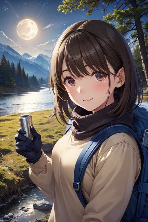 anegasaki nene、Shiny brown hair, short hair, (Beautiful brown eyes、Sparkling eyes, Fine grain)、smile、Ultra-detailed eyes、Very detailed顔, Very detailed目,
1 female((Upper body selfie, Happy)), masterpiece, Highest quality, Very detailed, alone, Outdoor, (night), Mountain々, nature, (performer, moon) Hilarious, Happy, Backpack, sleeping bag, Camping stove, Water bottle, Mountain boots, gloves, sweater, have, flashlight, forest, rock, river, wood, cigarette, Shadow, Contrast, sunny, Analog Style (Displaying the viewer:1.2) (Skin Texture) (Film Grain:1.3), (Warm colors, Warm tones)