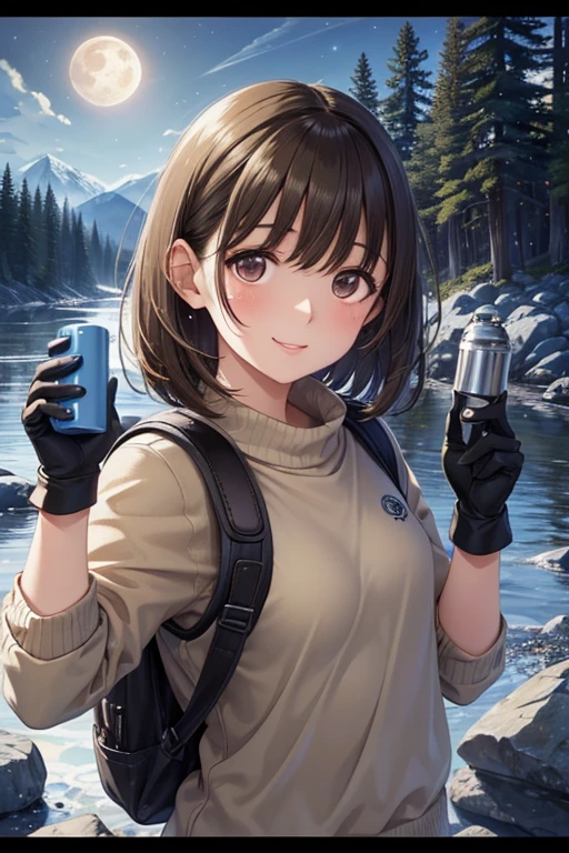 anegasaki nene、Shiny brown hair, short hair, (Beautiful brown eyes、Sparkling eyes, Fine grain)、smile、Ultra-detailed eyes、Very detailed顔, Very detailed目,



1 female((Upper body selfie, Happy)), masterpiece, Highest quality, Very detailed, alone, Outdoor, (night), Mountain々, nature, (performer, moon) Hilarious, Happy, Backpack, sleeping bag, Camping stove, Water bottle, Mountain boots, gloves, sweater, have, flashlight, forest, rock, river, wood, cigarette, Shadow, Contrast, sunny, Analog Style (Displaying the viewer:1.2) (Skin Texture) (Film Grain:1.3), (Warm colors, Warm tones)