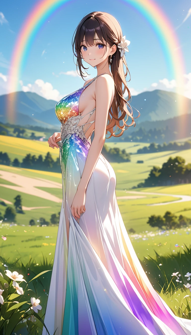 expensivequality illustration, masterpiece, Very delicate and beautiful, attractive,(White floral dress,One-piece with glittering decorations,expensive_White rainbow gradient dress、Long skirt),thin,Slender body,slim,high school student,Grassland Background,Princess, Beautiful Eyes、smile、blush,(masterpiece, Highest quality:1.2), expensiveres, Very detailed CG ユニティ 8k 壁紙, Perfect lighting, colorful, ultra-expensive res,4K,Very detailed, photograph, 8k, High resolution, 、Big Breasts、Female organ、Thick pubic hair sticking out、Pubic hair sticking out