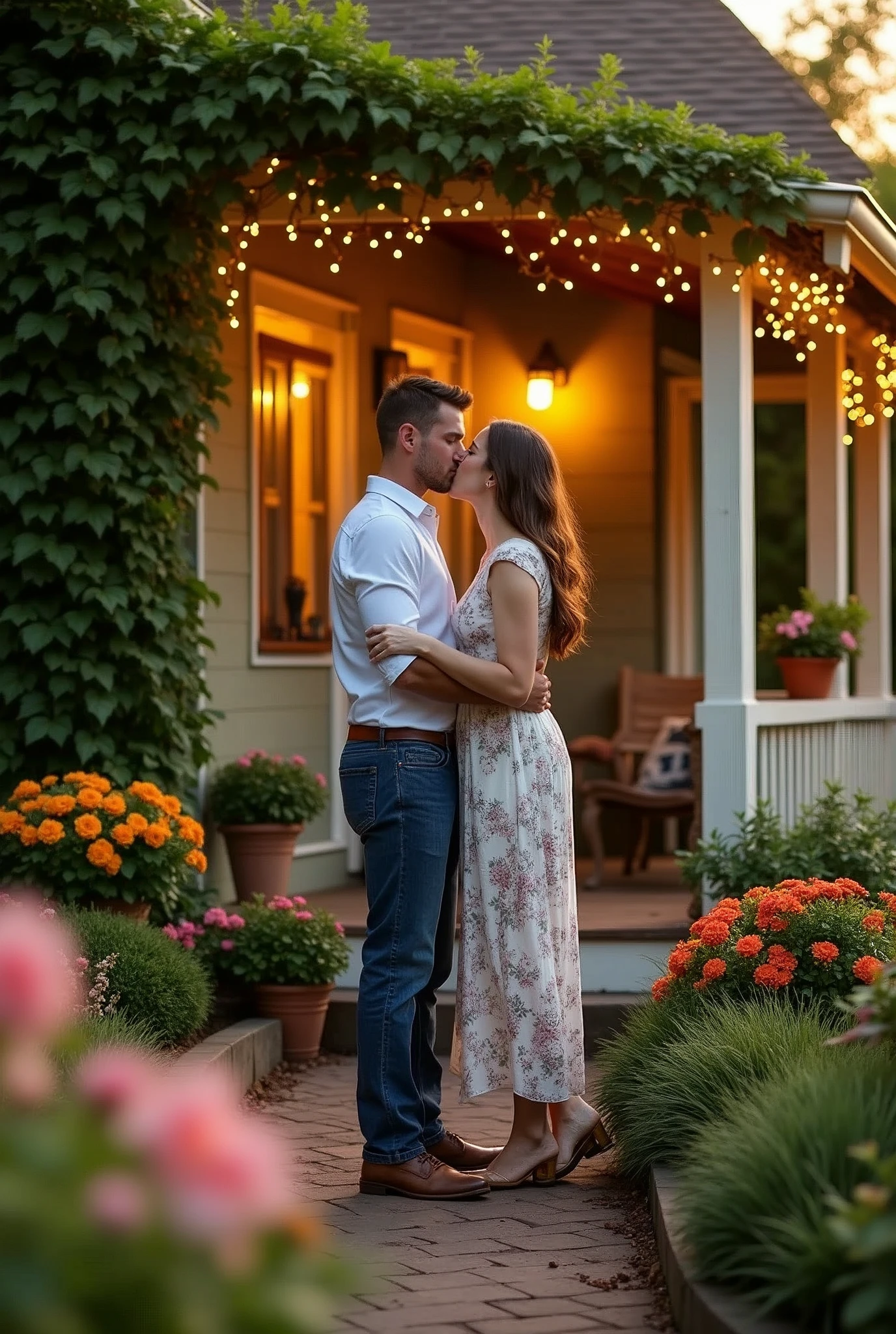 A romantic house with a husband and wife exchanging kisses.