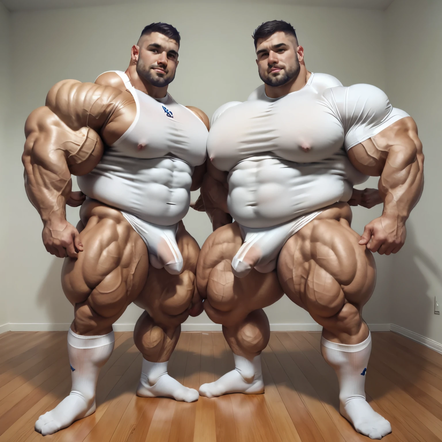 HQ photo, detailed faces, full body view, two shirtless beerbellied over-muscular bloated white european heavyweights males with undercut clean haircuts, lycra jumpsuits, in white pro sheer socks , overfed like obese gorets, over-muscular and fatly obese, posing flexing over-inflated triple-biceps . their pecs and bulges are touching. Their socks must be seen