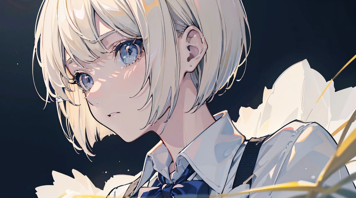 (Bob Cut Hair, Platinum Blonde Hair, profile:1.2),(Wear a cardigan over a collared shirt:1.2),1 person,Japanese,21 years old,(Small breasts:1.3),(Highest quality,masterpiece:1.3,超A high resolution,),(Ultra-detailed,Caustics),(Photorealistic:1.4,RAW shooting,)Ultra-Realistic Capture,Very detailed,High resolution 16K human skin close-up。 Natural skin texture、,Pores、、It needs to be detailed enough to be easily identifiable。 Skin should be even-toned and healthy looking。 Use natural light and colour, Sad expression, Looking at the camera, Perfect dynamic composition, Outdoor