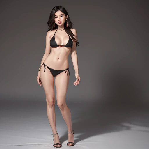 Nena tetona sexy, full body portrait , bikini slingshot diminuto negro de una sola pieza, escote, ajustado al cuerpo de high resolution 12k gotich makeup , detallado perfecto