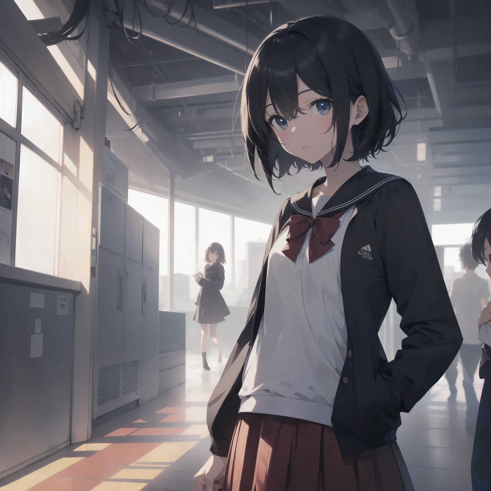 ultra-absurdres-Top quality by artist God, ultra-detailed, high resolution, anime moe artstyle, best anime 8k konachan wallpaper, pixiv contest winner, pool:2810, perfect anatomy,break, 1girl, (Please draw a girl walking sleepily to school alone. )break,(Solo,little female, 13-year-old:1.3),Full limbs, complete fingers,a junior high school student, (very short hair), short cut, flat chest, , small butt, small black eyes, beautiful detailed eyes, well-proportioned iris and pupils, expressive eyes, highres detailed hair, soft expression, salor school_uniform, sailor collar, serahuku, bow, pleated skirt,(Detailed Lighting), (Detailed background), in the School commute route. break,super detailed skin, Best cinematic lighting powered by famous artist, 8k,beauty illustration,photoshop_(medium),very aesthetic,break,((artist:izumi_tsubasu )), artist:clamp ,artist:carnelian ,artist:kantoku ,
