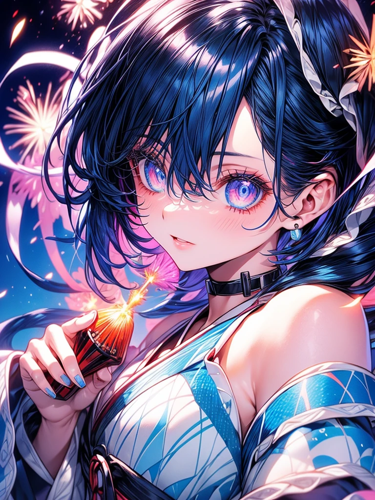 ichikanakao Nakano Ichika Sunset Best quality Masterpiece Alone Close-up of face Cute Kawaii Anime Older sister Blackhair Bluehair Dark blue gradient hair Blue tips Blue highlights Blue mesh hair Blue lowlight hair Smooth hair Pale skin Beautiful skin like porcelain Blue and pink eyes Blue eyes Pink eyes Large eyes Slanted eyes Detailed eyes with attention to detail White off-shoulder Blue choker Fireworks Train Close-up of face Close-up of upper body Up-front、