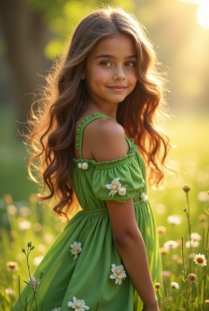 Brown skined girl with light brown wavy hair and brown eyes and soft glam wearing a flowered green dress 