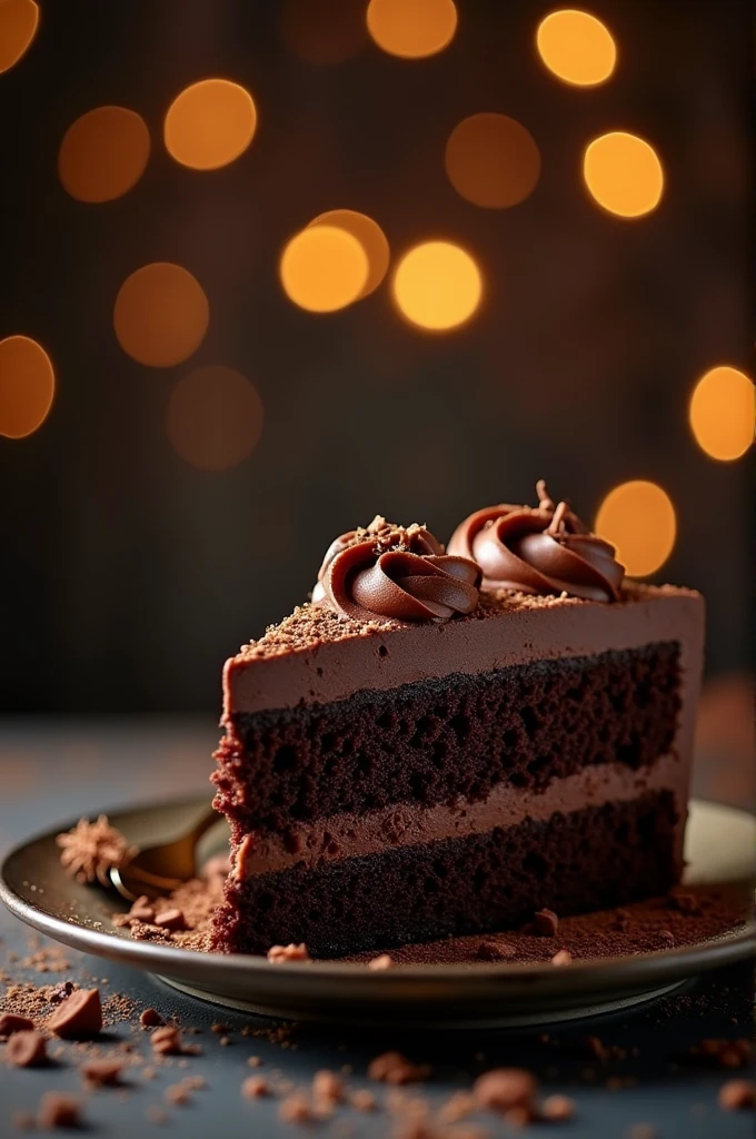 cinematic film still chocolate, chocolate cake, dark background, quality photo, moist texture, frosting, studio photo, slice . shallow depth of field, vignette, highly detailed, high budget, bokeh, cinemascope, moody, epic, gorgeous, film grain, grainy