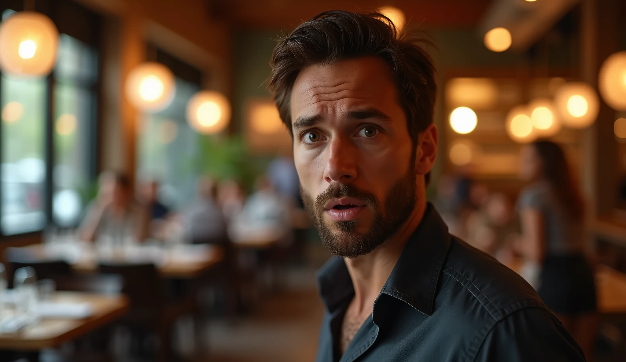 Create a real professional photo of a man in an indoor setting, suggesting a restaurant. The man should be slightly to the right of center, standing and looking directly at the camera. He should have short, slightly wavy dark brown hair and a sparse beard evenly distributed across his face. The man should have a serious, surprised expression, with wide eyes and an open mouth, as if he is seeing something unbelievable. The lighting should be soft and come from the left (from the viewer's point of view), evenly illuminating the man's face and creating subtle shadows on the right. The background should be a restaurant with blurred elements, including tables, chairs, bokeh pendant lights and some blurred people in the background to add depth to the image. Use a warm, natural color palette, with wood tones and soft lighting, creating a warm and vibrant atmosphere. The image should be of high resolution and professional photographic quality, with attention to detail and realism.