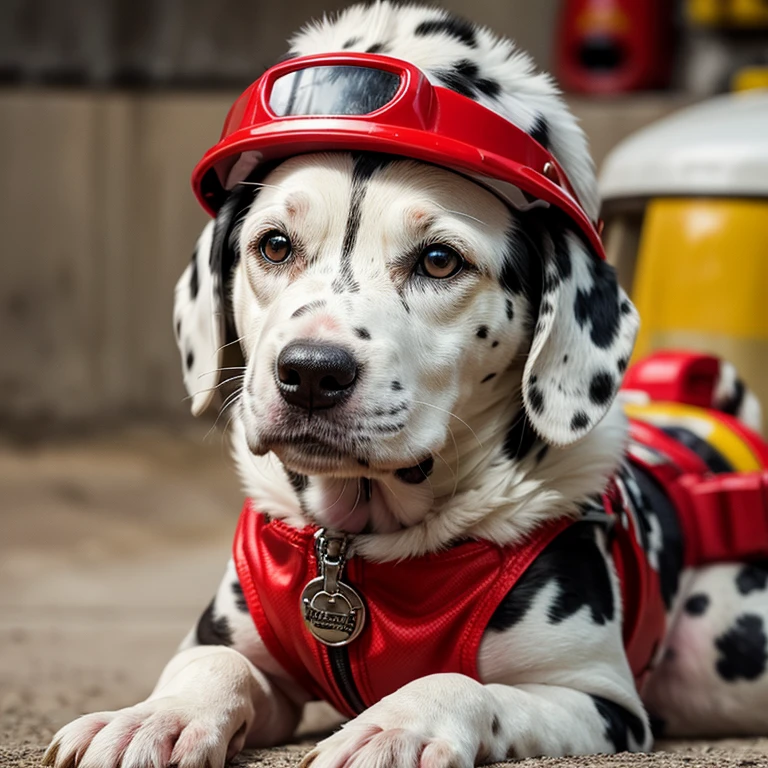Create a realistic image of Dalmatian puppy Marshall from Paw Patrol. It has white fur with black spots. Marshall wears a red fireman's helmet with a yellow badge and a matching red vest. Put on his fire gear and put him at the fire station or emergency location. He must be in full hair