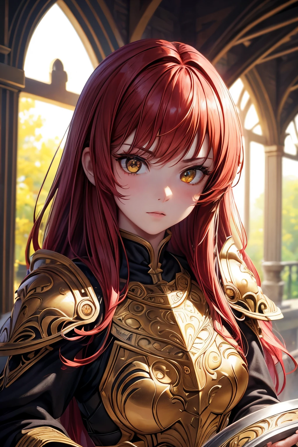(ridiculous, intricate detail, masterpiece, best quality, high resolution, 8k), girl, thin, young, very detailed eyes and face, red hair, yellow eyes, alone, half shot, detailed background, (light fantasy theme: 1.1), focus, mercenary, sunlight, colorful plate armor, divine aura, bright and realistic lighting, depth of field, visual effects