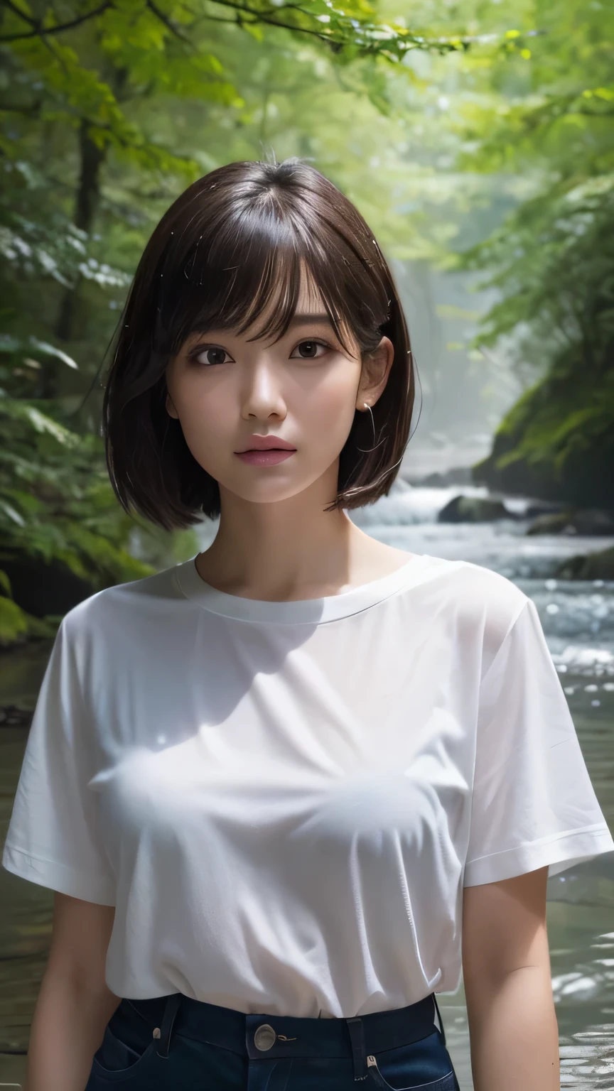 (Ultra-realistic), (figure), (High resolution), (8k), (Very detailed), (Best figure), (Beautiful and detailed), (Highest quality), (Super detailed), (masterpiece), (wallpaper), (Detailed face), alone, One Girl, watching viewer, Trendy clothes，White T-shirt、Less exposure、Fine details, Detailed face, In the Dark, Deep Shadow, Modest, Pure  Face Ace_v1, cool, short hair, Pointed diagonal bangs，In a beautiful forest、stream、Water Play、Soaking wet、Wet Hair、Lost in Thought、岩に腰かけて足をstreamに浸す