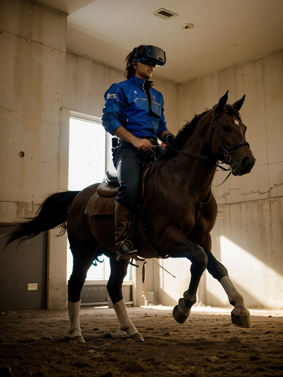 futuristic cowboy riding a horse, cyberpunk, virtual reality glasses