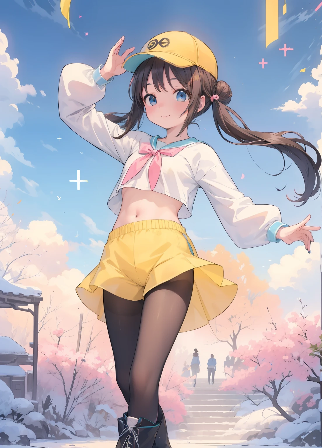 (masterpiece、Highest quality、Highest quality、Official Art、Beautiful and beautiful:1.2)、(1 personの:1.3)Hatsune Miku、Twin tails,Beautiful breasts, Katsushika Hokusai,Tabletop、Highest quality、High resolution、1 person、alone、low length、Thin legs、belly button、smile、、Dark brown hair、Hair Bun、blue eyes、ロングTwin tails、Visor Cap、((black tights、boots))、Raglan sleeves、White panties、((Short yellow shorts))、shirt、Pink Ribbon、clock、plateau、overgrown with grass、A photo of a subject taken from below、(Are standing、Dancing)、Sexual pose、Are standing、Spread your legs