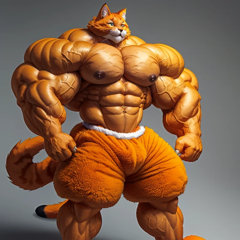 hyper growth, hyper muscles, furry growth, cute cat, A furry cat, orange and fluffy cat, shirtless, wearing shorts, exaggeratedly huge and muscular, on a gray background