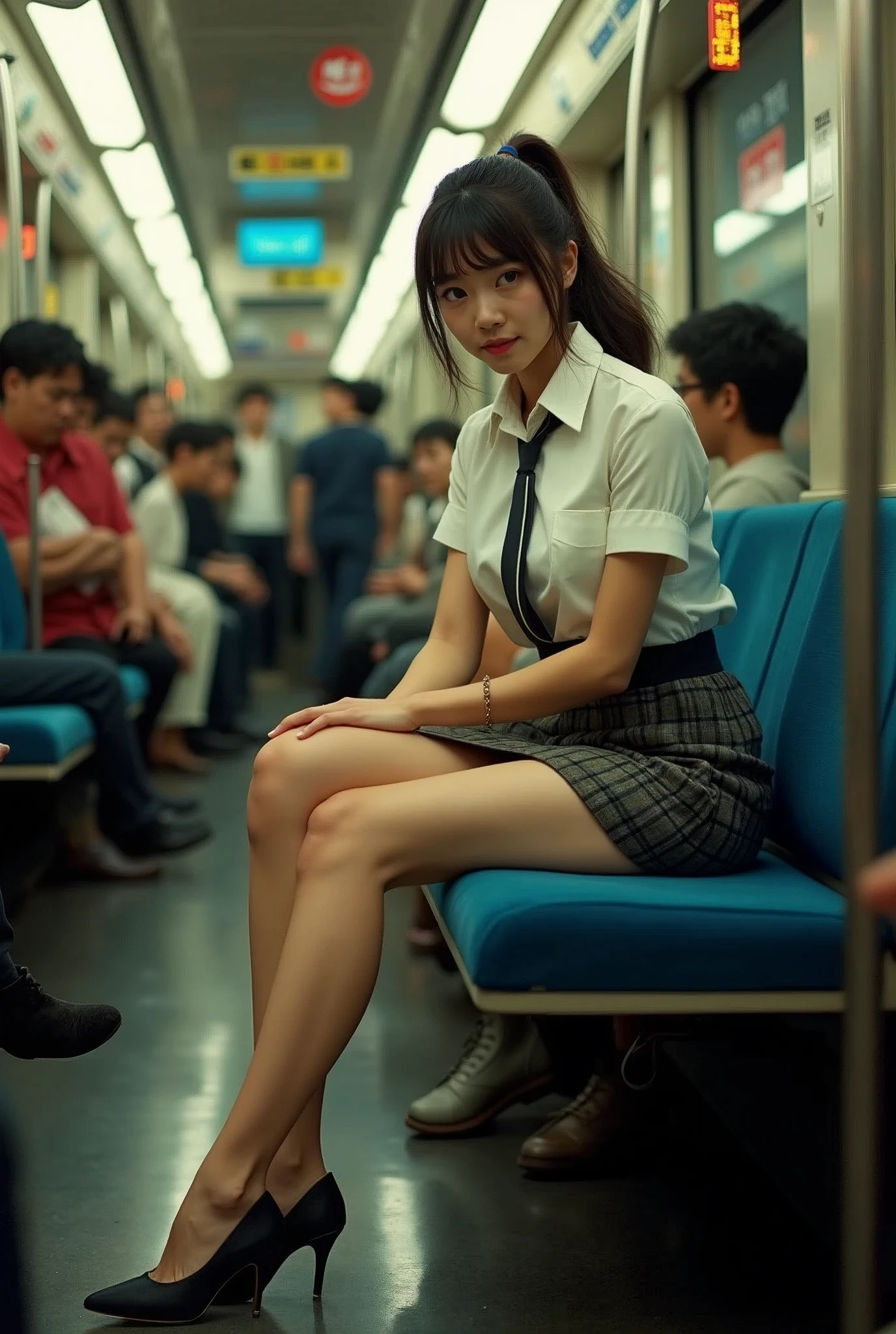 Actual photo、Highest im年 quality、Beautiful woman、Beautiful thighs、Beautiful Face、Uniform Ponytail、Yuriko Yoshitaka、Japanese women、pretty girl、skirt、Beautiful thighs、pumps、Inside a crowded train、Sit in your seat、Front seat、(Boys groping women's breasts:)、