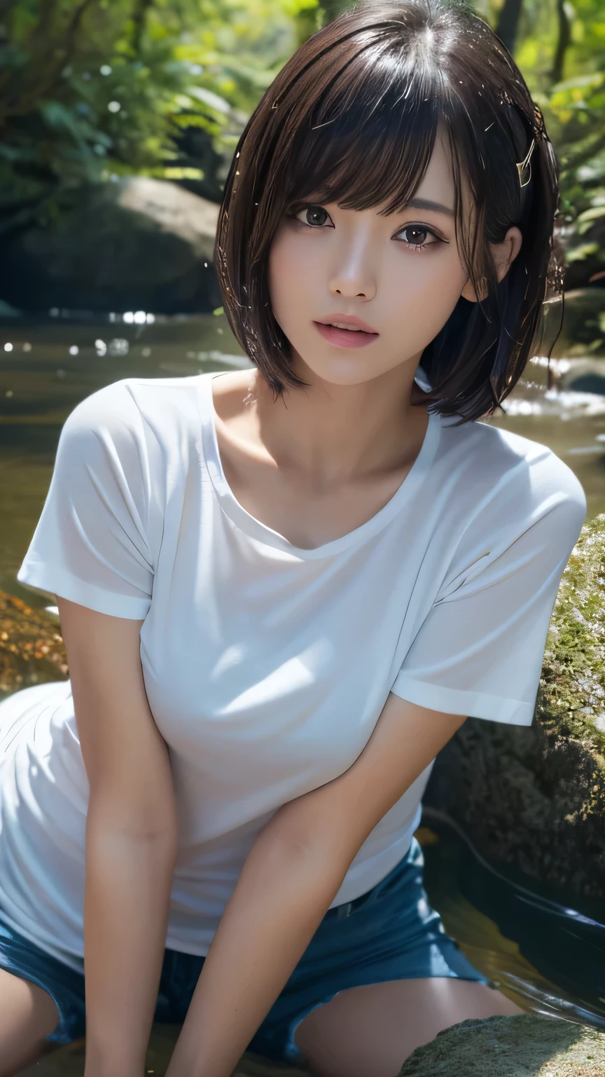(Ultra-realistic), (figure), (High resolution), (8k), (Very detailed), (Best figure), (Beautiful and detailed), (Highest quality), (Super detailed), (masterpiece), (wallpaper), (Detailed face), alone, One Girl, watching viewer, Trendy clothes，White T-shirt、Less exposure、Fine details, Detailed face, In the Dark, Deep Shadow, Modest, Pure Erotic Face Ace_v1, cool, short hair, Pointed diagonal bangs，In a beautiful forest、stream、Water Play、Soaking wet、Wet Hair、Lost in Thought、岩に腰かけて足をstreamに浸す