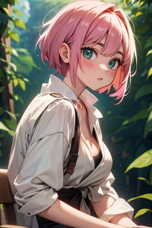 pink haired girl with parted bangs, green eyes, face scar, short hair, standing alone, upper body, (masterpiece), (best quality, 4k, 8k, highres, ultra-detailed, realistic, photorealistic, HDR, UHD, vivid colors, studio lighting, physically-based rendering, sharp focus), sakura, naruto shippuden, next generation, bolt, 1 girl