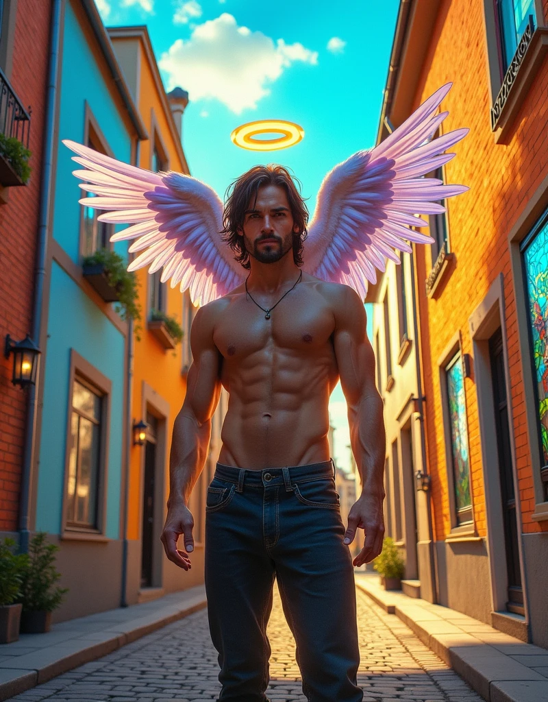A unparalleled brunette man, 1.76 tall, black hair, dark eyes, tapered nose, athletic body, light scar on his hand, on a cobblestone road, houses with apparent bricks in shades of white, blue and yellow, on a sunny day, With richness of detail and main focus on man, Arafed a ((stained glass art image:1.5)) stained-glass windows, of a (cyberpunk mech male angel: 1.2) standing in at the street at natta near his carro esportivo, natta, an exquisite beautiful cyberpunk male angel, ager, long hair brown 1.3)), (lilac angelic wings: 1.2), spread angelic wings, halo over head,, (work of art: 1.5), Vibrant, ultra-high resolution, hight contrast, work of art:1.2, highest quallity, better aesthetics), best details, best qualityer, high resolution, Ultra Wide Angle, 16K, [ultra detaild], work of art, best qualityer, (extremely detaild), mechanical creatures, intense gaze, stained-glass windows, hdr, , very detailed and sharp, insane professional photorealistic, skin delicate, perfect lighting, dramatic composition, elegant pose, stunning background, insane cinematic atmosphere, ((back view)), ((full body)), magnificent scene, detailed environment, highly detailed environment deep path Equirectangular garden nature, insane (((insane UnrealEngine5,top Masterpiece,ultra highdef, insane Professional Photorealistic,optimal ultra sharp-focus,max,ultra high-quality,opengl-shaders,symmetrical,ultra high-details,accurate reflex,ultra highres, perfection volumetric,Cinematic_Sunlight,improved Octane_render,XT3,DSLR,3dcg shadow, analogiques, extatiques, high saturate, reflection))),dazzling Will-o'-the-wisp,global luminescence, --v 6 --s 1000 --c 20 --q 500 --chaos 100