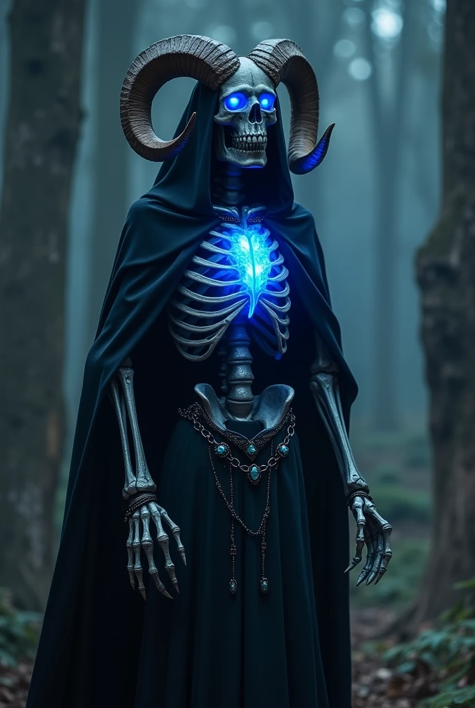 Living skeleton possessing magic, with blue glowing little eyes, with a blue magical fire in my chest, in a black cape with a deep hood, a long skirt strewn with black chains, hung with silver jewels, with magical rings on long, clawed fingers, with tight, small, neat horns curled like a ram's and pressed close to the head, barely peeking out from under the hood