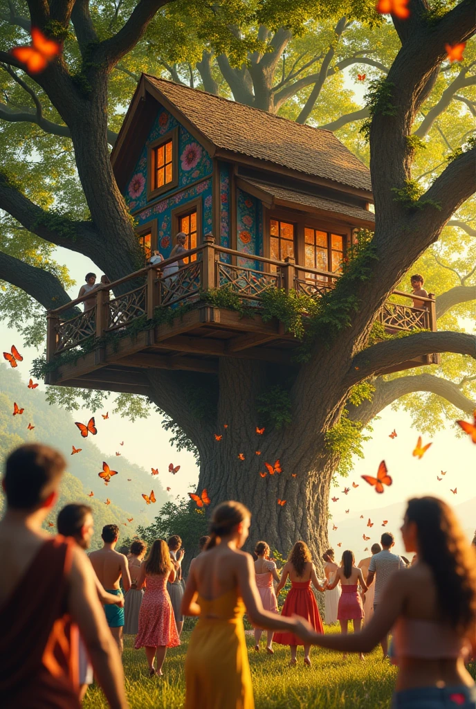 A big tree house  and there many man and women are dancing and walls are decorated by colourful flower and printings nad many colourful butterflies        