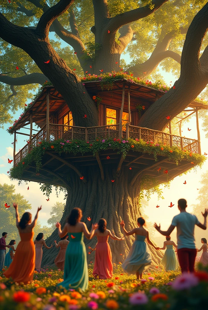 A big tree house and there many man and women are dancing and walls are decorated by colourful flower and printings nad many colourful butterflies