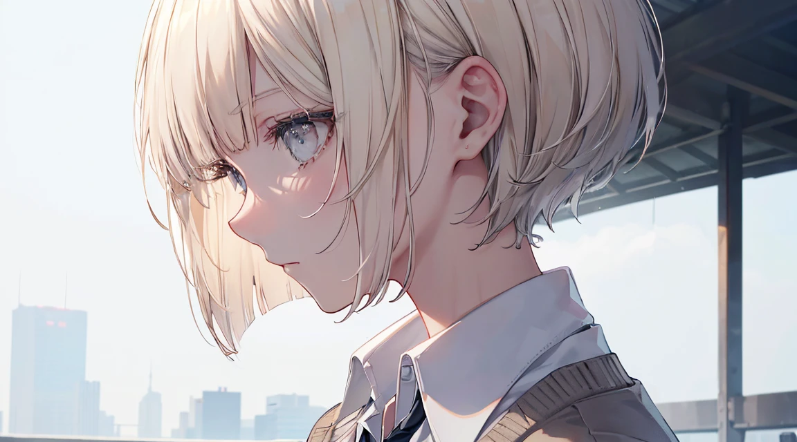 (Bob Cut Hair, Platinum Blonde Hair, profile:1.2),(Wear a cardigan over a collared shirt:1.2),1 person,Japanese,21 years old,(Small breasts:1.3),(Highest quality,masterpiece:1.3,超A high resolution,),(Ultra-detailed,Caustics),(Photorealistic:1.4,RAW shooting,)Ultra-Realistic Capture,Very detailed,High resolution 16K human skin close-up。 Natural skin texture、,Pores、、It needs to be detailed enough to be easily identifiable。 Skin should be even-toned and healthy looking。 Use natural light and colour, Sad expression, Looking at the camera, Perfect dynamic composition, Outdoor