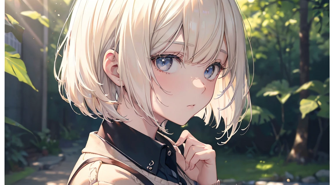 (Bob Cut Hair, Platinum Blonde Hair, profile:1.2),(Wear a cardigan over a collared shirt:1.2),1 person,Japanese,21 years old,(Small breasts:1.3),(Highest quality,masterpiece:1.3,超A high resolution,),(Ultra-detailed,Caustics),(Photorealistic:1.4,RAW shooting,)Ultra-Realistic Capture,Very detailed,High resolution 16K human skin close-up。 Natural skin texture、,Pores、、It needs to be detailed enough to be easily identifiable。 Skin should be even-toned and healthy looking。 Use natural light and colour, Sad expression, Looking at the camera, Perfect dynamic composition, Outdoor