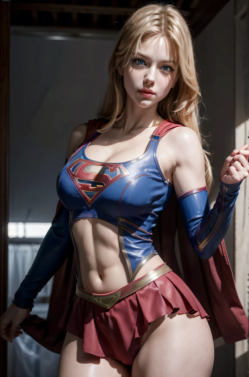 Supergirl from dc, ultra realistic, 8k hdr, pure white skin, blue eyes, blush, long blonde hair, perfect face, perfect shape body, , big cleavage, e nsfw, seductive, posing to viewer, 3d