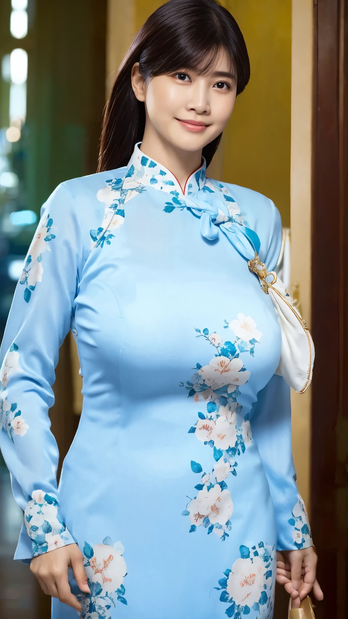 (8k,Ultra-high resolution,Highest quality,masterpiece,Realistic,Ultra-high resolution,High-quality RAW color photos,Professional photos,Realistic,Realistic),Natural skin texture,Fine skin,Hyperrealism,Intricate details,Adult women,Eye highlights.Lip gloss,Glossy Lips,(Cute smile,Chignon,Dark blonde hair,bangs),(gigantic breast,Big Breasts),necklace,((Light blue floral ao dai)),Vietnam,Walking in Ho Chi Minh,Bright lighting