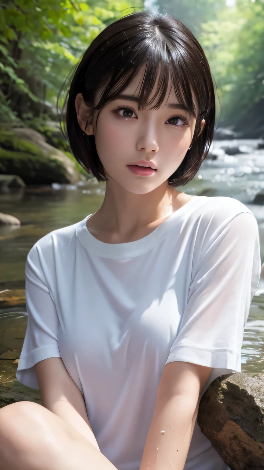(Ultra-realistic), (figure), (High resolution), (8k), (Very detailed), (Best figure), (Beautiful and detailed), (Highest quality), (Super detailed), (masterpiece), (wallpaper), (Detailed face), alone, One Girl, watching viewer, Trendy clothes,White T-shirt、Less exposure、Fine details, Detailed face, In the Dark, Deep Shadow, Modest, Pure Erotic Face Ace_v1, cool, short hair, Pointed diagonal bangs,In a beautiful forest、stream、Water Play、Soaking wet、Wet Hair、Lost in Thought、岩に腰かけて足をstreamに浸す
